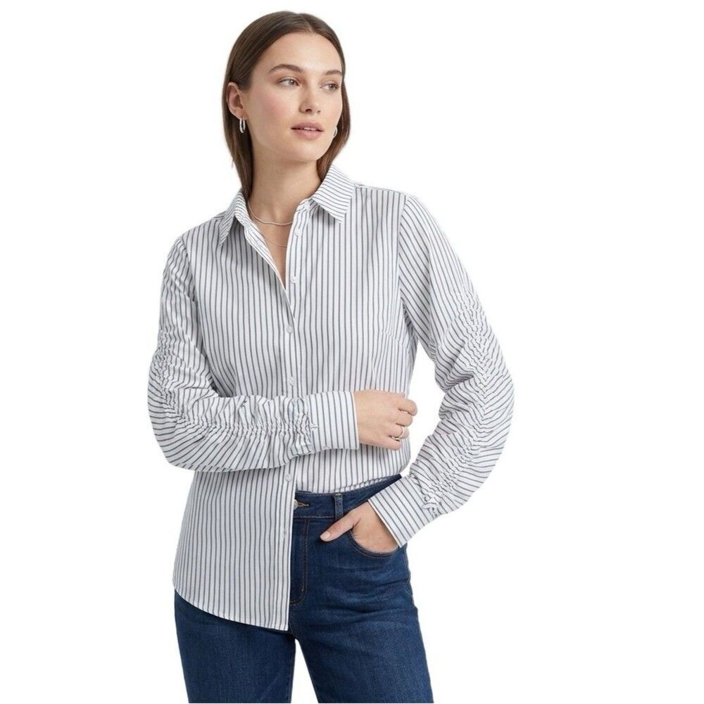 CAbi Striped White Button Down Shirt with Ruched Sleeves